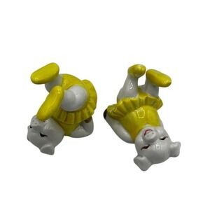 Vintage Ceramic Tumbling Pig Figurines Yellow Handpainted Japan 1979 Set of 5